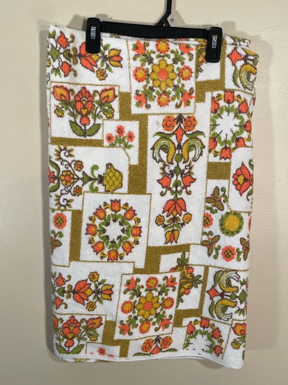 Vintage Terry Cloth Tablecloth Floral 70s Orange Green Yellow Kitsch Cottage